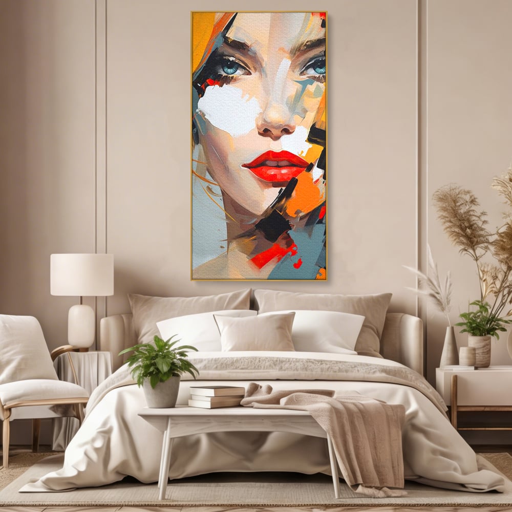 Tablou canvas cu tablou canvas cu chip de femeie, in rama de aluminiu auriu, pe perete intr-un dormitor
